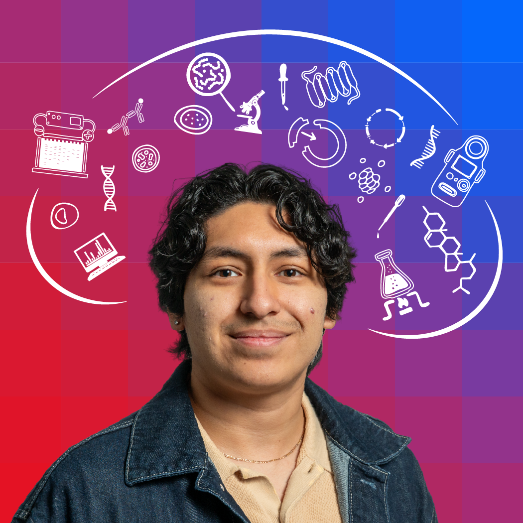 Luis with symbols illustrated over the head and in the mind